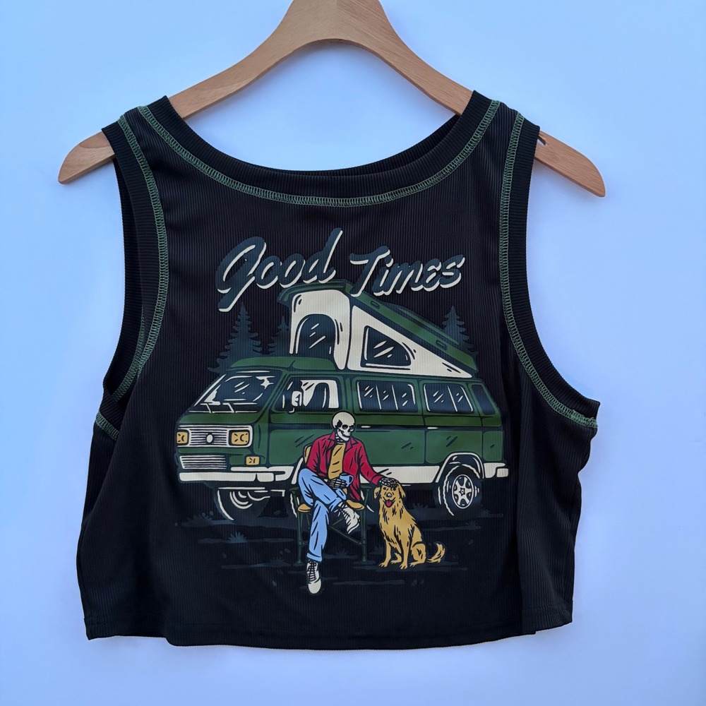 Good Times‎ Skeleton Camper Van Graphic Ribbed Crop Tank Black Green Stitching